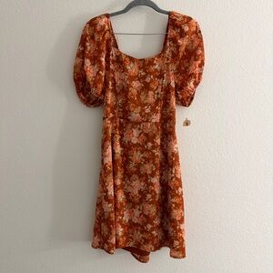 Altar'd State Burnt Orange Floral Mini Dress with Puffy Sleeves Size Large NWT